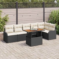 vidaXL Set di divani da giardino 7 pezzi di con cuscini in rattan sintetico nero e legno di acacia