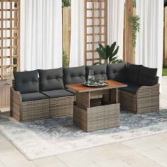 vidaXL Set da Giardino in 7 Pezzi con Cuscini Grigi in Rattan Sintetico e Acacia