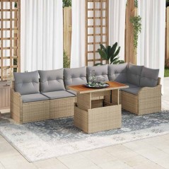 vidaXL Set Divano da Giardino con Cuscini - 7 Pezzi Beige in Rattan Sintetico e Acacia