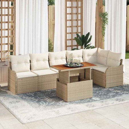 vidaXL Set di divani da giardino 7 pezzi con cuscini beige in polirattan e legno di acacia
