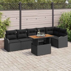 vidaXL Set di divani da giardino 7 pezzi con cuscini in rattan nero e legno di acacia.