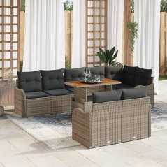 vidaXL Set Divano da Giardino 9 Pezzi con Cuscini Grigio in Rattan e Legno di Acacia