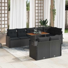 vidaXL Set da Giardino 9 Pezzi con Cuscini in Rattan Sintetico Nero e Acacia