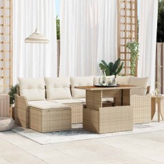 vidaXL Set di divani da giardino 7 pezzi con cuscini beige in rattan polietilene e acacia