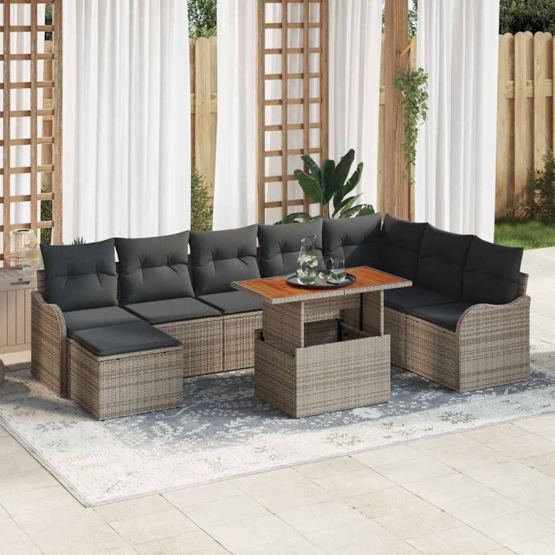 vidaXL Set da giardino 9 pezzi con cuscini grigi in rattan sintetico e acacia