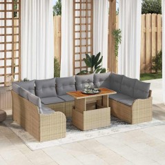 vidaXL Set di divani da giardino da 10 pezzi con cuscini beige, polyrattan e acacia.