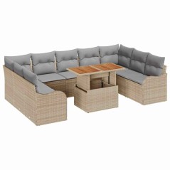 vidaXL Set di divani da giardino da 10 pezzi con cuscini beige, polyrattan e acacia.