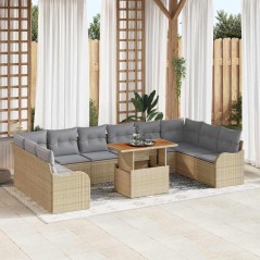 vidaXL Set di Sofà da Giardino 11 Pezzi con Cuscini Beige in Poli Rattan e Acacia