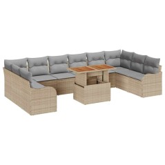 vidaXL Set di Sofà da Giardino 11 Pezzi con Cuscini Beige in Poli Rattan e Acacia