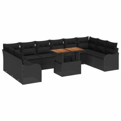 vidaXL Set Divano da Giardino 11 Pezzi con Cuscini, Nero in Polyrattan e Acacia.