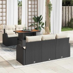 vidaXL Set da pranzo per il giardino in rattan nero e legno di acacia con cuscini, 6 pezzi.