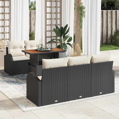 vidaXL Set da pranzo per il giardino in rattan nero e legno di acacia con cuscini, 6 pezzi.