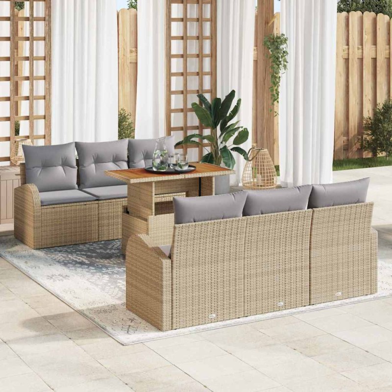 vidaXL Set da Pranzo da Giardino da 7 Pezzi con Cuscini Beige in Rattan Sintetico e Acacia