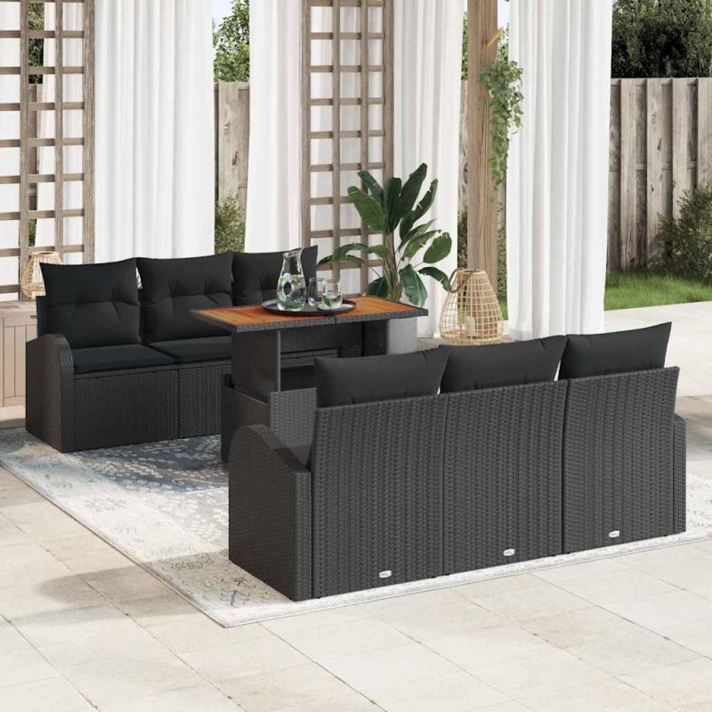 vidaXL Set da Pranzo da Giardino 7 Pezzi con Cuscini in Rattan Sintetico Nero e Acacia