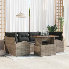 vidaXL Set da giardino 7 pezzi con cuscini grigi in polyrattan e acacia