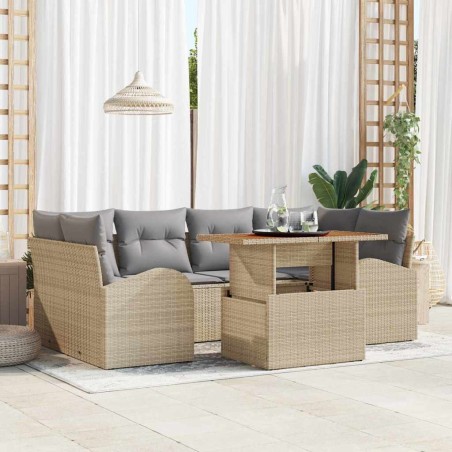 vidaXL Set da pranzo da giardino 7 pezzi con cuscini beige in rattan sintetico e acacia.