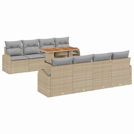 vidaXL Set da pranzo da giardino 9 pezzi con cuscini beige in polirattan e acacia