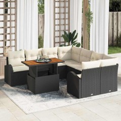 vidaXL Set da pranzo da giardino con 9 pezzi e cuscini neri in rattan sintetico e legno di acacia.