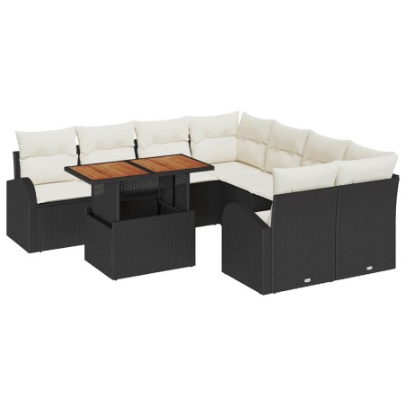 vidaXL Set da pranzo da giardino con 9 pezzi e cuscini neri in rattan sintetico e legno di acacia.