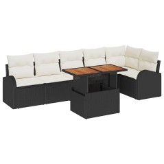 vidaXL Set da pranzo per il giardino da 7 pezzi con cuscini in polyrattan nero e acacia