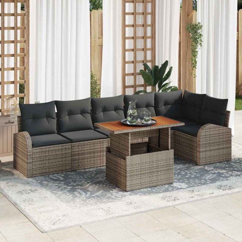 vidaXL Set da Pranzo da Giardino di 7 Pezzi con Cuscini Grigi in Rattan Polietilene e Acacia