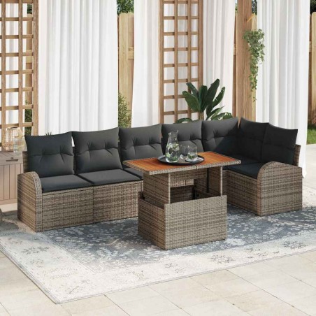 vidaXL Set da Pranzo da Giardino di 7 Pezzi con Cuscini Grigi in Rattan Polietilene e Acacia
