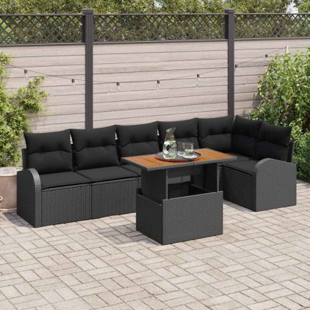 vidaXL Set da Pranzo da Giardino 7 Pezzi con Cuscini Neri in Rattan Sintetico e Acacia
