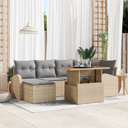 vidaXL Set di Mobili da Giardino in 7 Pezzi con Cuscini Beige in Rattan Polietilene e Acacia