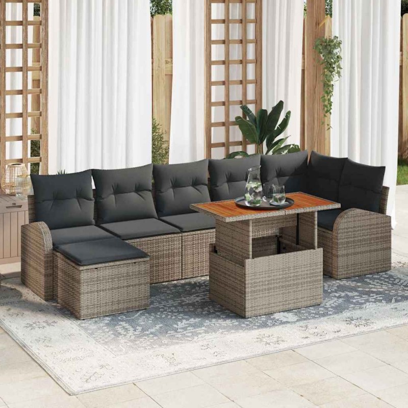 vidaXL Set da pranzo da giardino , 8 pezzi con cuscini grigi in rattan sintetico e legno di acacia.