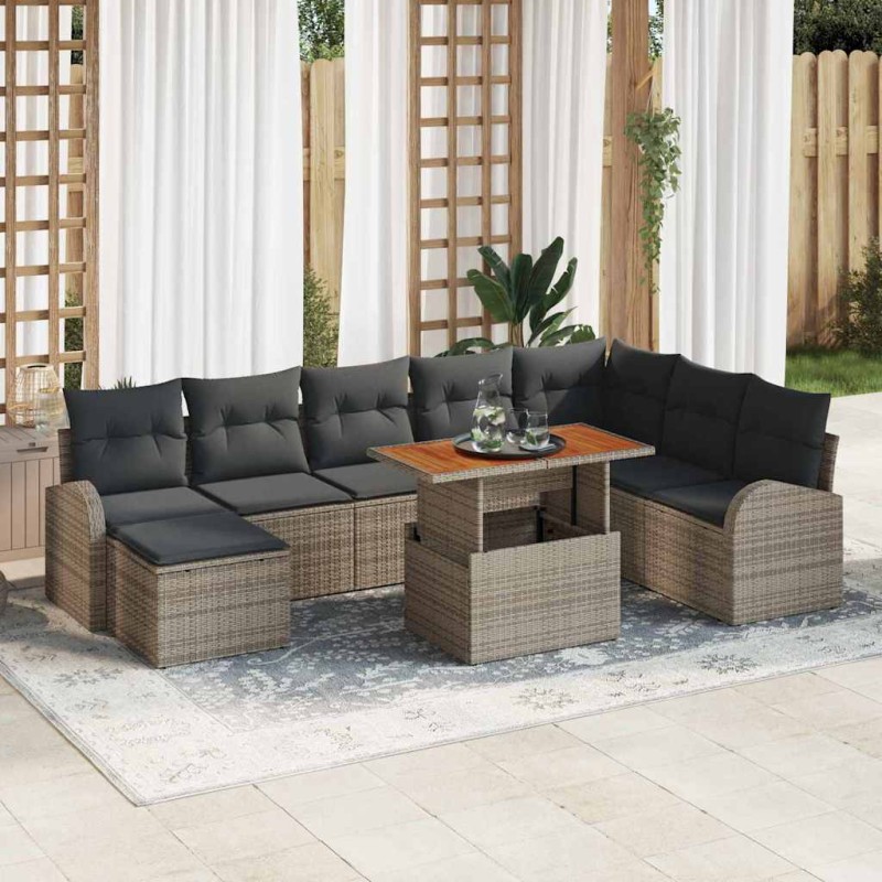 vidaXL Set da pranzo da giardino 9 pezzi in rattan grigio effetto polipropilene e legno di acacia con cuscini