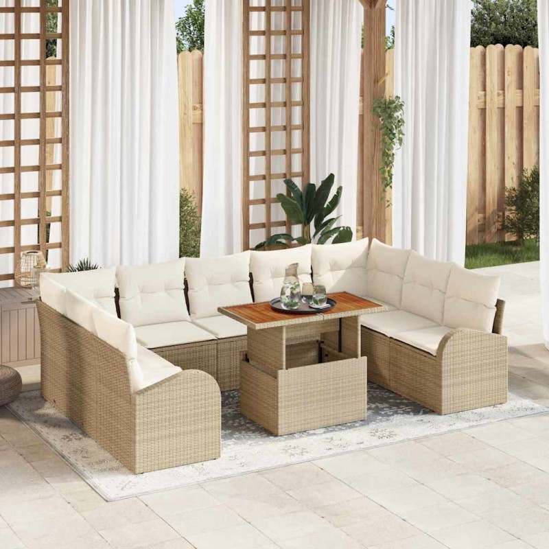 vidaXL Set da pranzo da giardino da 10 pezzi con cuscini beige in rattan sintetico e legno di acacia