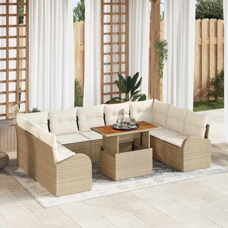 vidaXL Set da pranzo da giardino da 10 pezzi con cuscini beige in rattan sintetico e legno di acacia