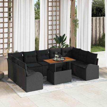 vidaXL Set da Pranzo da Giardino da 10 pezzi con cuscini in rattan polietilene nero e legno di acacia.