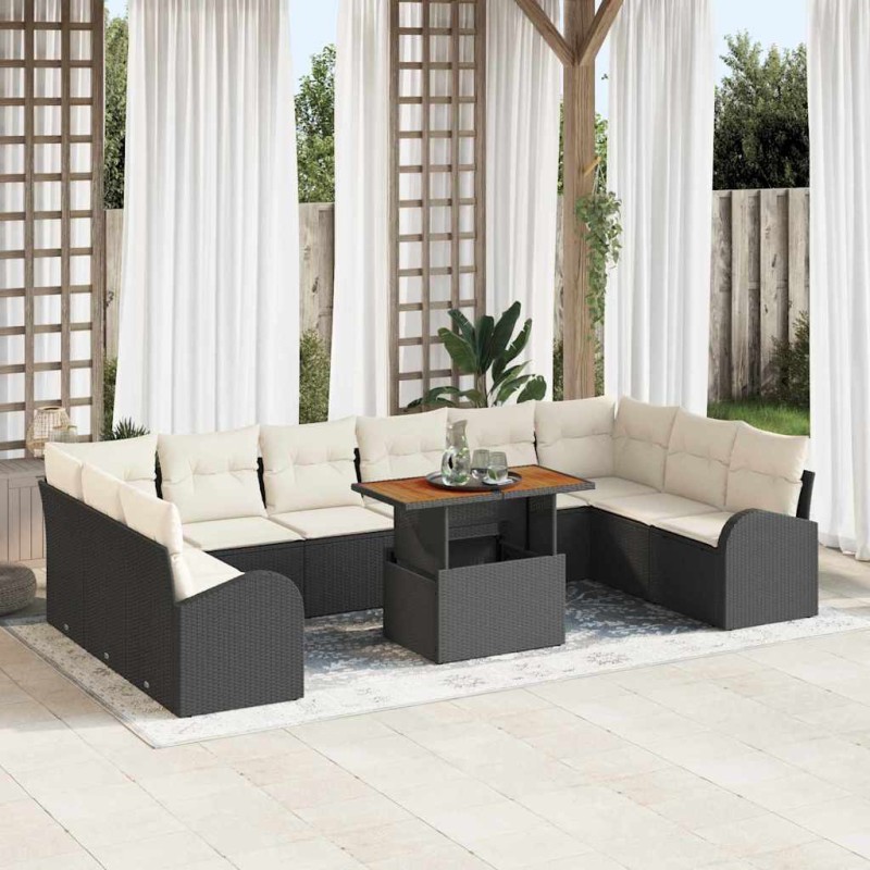 vidaXL Set da pranzo da giardino 11 pezzi con cuscini in rattan plastico nero e legno di acacia.
