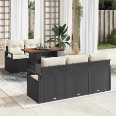 vidaXL Set di divani da giardino , 6 pezzi con cuscini in rattan sintetico nero e acacia.