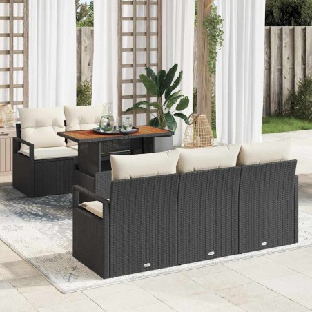 vidaXL Set di divani da giardino , 6 pezzi con cuscini in rattan sintetico nero e acacia.