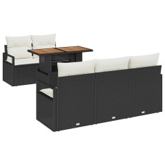 vidaXL Set di divani da giardino , 6 pezzi con cuscini in rattan sintetico nero e acacia.