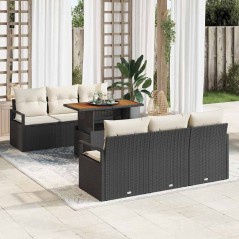vidaXL Set di divano da giardino da 7 pezzi con cuscini neri in rattan sintetico e acacia.
