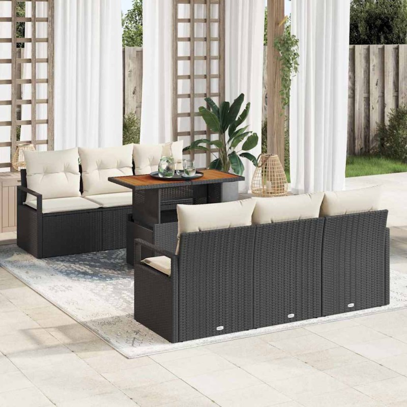 vidaXL Set di divano da giardino da 7 pezzi con cuscini neri in rattan sintetico e acacia.