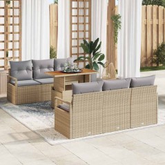 vidaXL Set Divano da Giardino 7 Pezzi con Cuscini Beige in Rattan Sintetico e Legno di Acacia.
