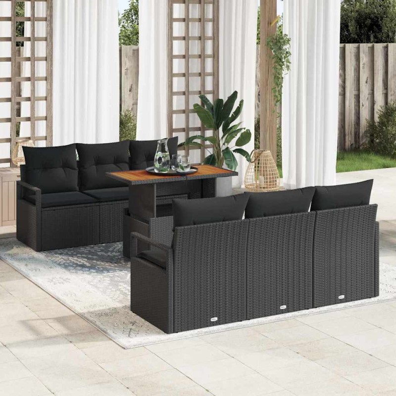 vidaXL Set da Giardino 7 Pezzi con Cuscini in Rattan Nero e Acacia