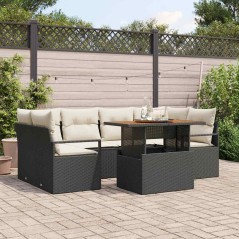 vidaXL Set di divani da giardino a 7 pezzi con cuscini neri in rattan sintetico e acacia