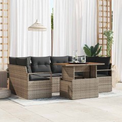 vidaXL Set Divano da Giardino 7 Pezzi con Cuscini Grigi in Polyrattan e Acacia