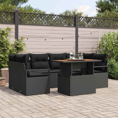 vidaXL Set di divani da giardino a 7 pezzi con cuscini neri in polyrattan e acacia