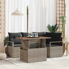 vidaXL Set Giardino in 5 Pezzi con Cuscini Grigi in Poly Rattan e Tavolo in Acacia