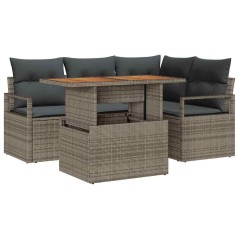 vidaXL Set Giardino in 5 Pezzi con Cuscini Grigi in Poly Rattan e Tavolo in Acacia