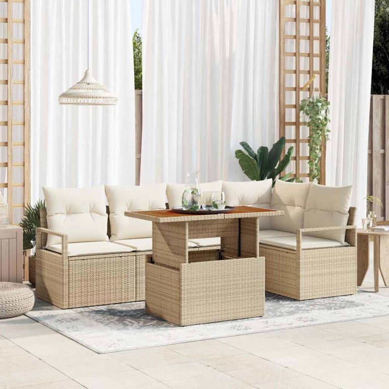 vidaXL Set di Sofà da Giardino da 6 Pezzi con Cuscini Beige in Rattan Sintetico e Acacia vidaXL Set di Sofà da Giardino da 6 Pezzi con Cuscini Beige in Rattan Sintetico e Acacia
