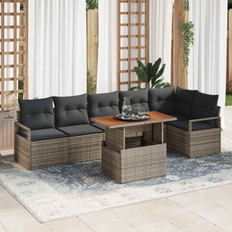 vidaXL Set da Giardino di 7 Pezzi con Cuscini Grigi in Rattan Polietilene e Acacia