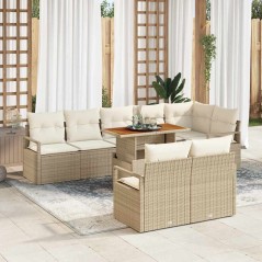 vidaXL Set Sofà da Giardino 9 Pezzi con Cuscini Beige in Rattan Sintetico e Acacia