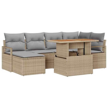 vidaXL Set di divani da giardino 7 pezzi con cuscini in polirattan beige e acacia